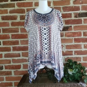 Cristina B Blue Mosaic Print Sharkbite Tunic Top M